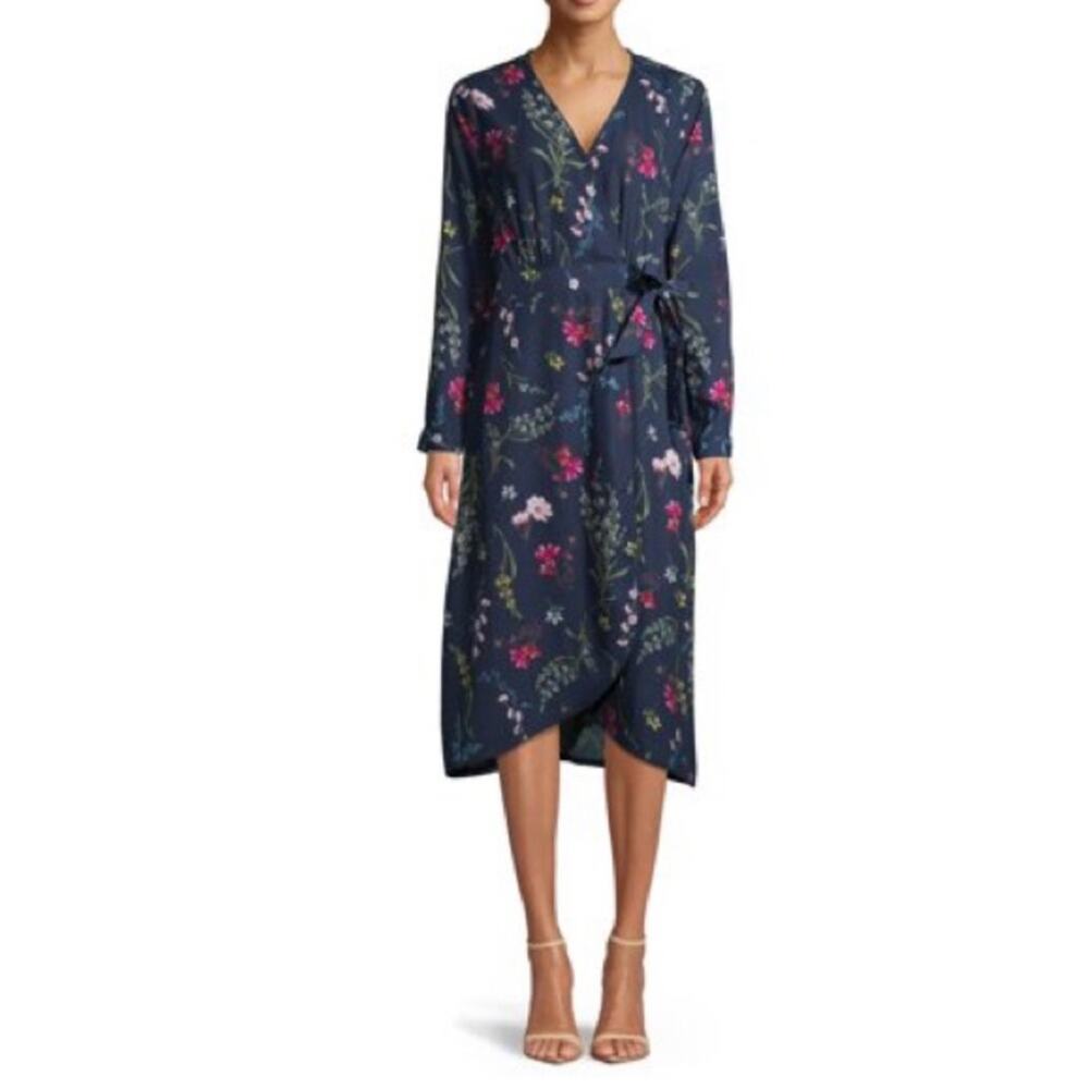 Time and Tru Wrap Dress Long Sleeve Career Wedding Guest Midi Floral Navy XXL